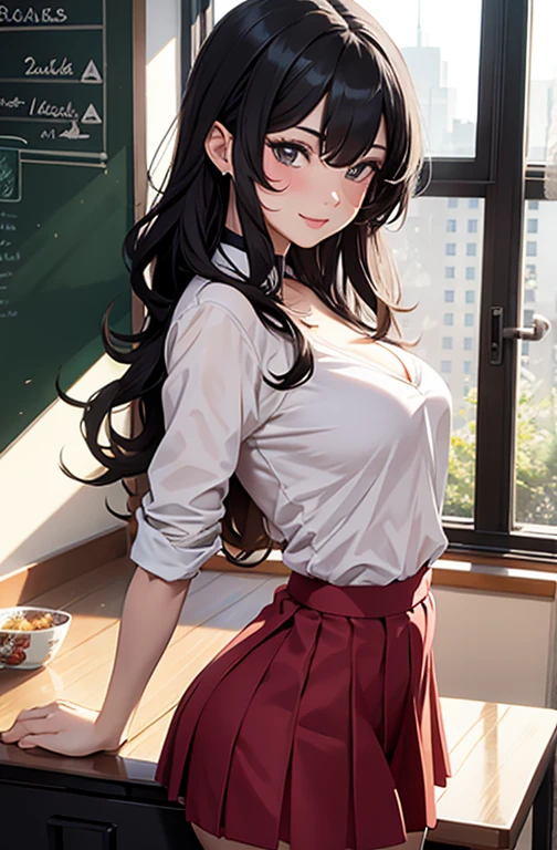 masterpiece, best quality, best lighting, shadows, perfect anatomy, 1 girl, adult anime girl, 21 years old, mature features, showing tits, bitchy face, pretty lips, pretty eyes, black wavy hair, black eyes, seductive eyes, blushing, flirty, pretty smile, tiny red skirt, white tight shirt, classroom background, ass, breast, thighs, seductive, spicy, hot, flirty, nsfw,