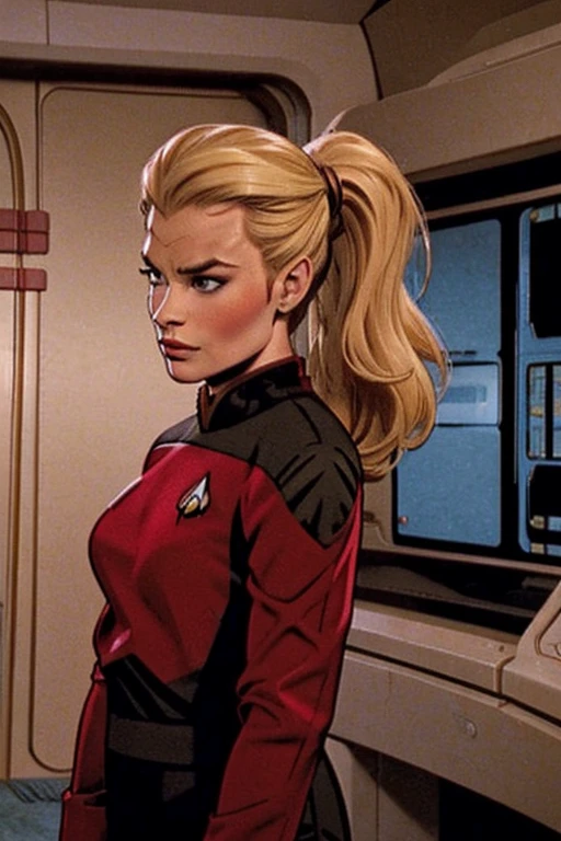 blonde ponytail: Jenna Coleman: Star Trek red uniform: Enterprise Bridge background: Emilie de Ravin: (Emma Rigby), (Klingon head ridges) (Klingon forehead) B'Elanna Torres:
