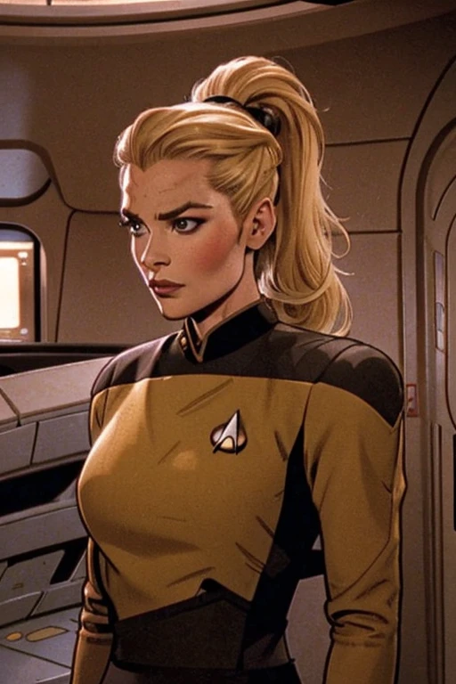 blonde ponytail: Jenna Coleman: Star Trek red uniform: Enterprise Bridge background: Emilie de Ravin: (Emma Rigby), (Klingon head ridges) (Klingon forehead) B'Elanna Torres: