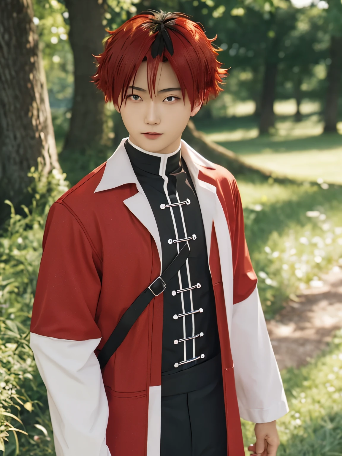 masterpiece, best quality, realisti, cosplayer, Asian man, 1boy, solo, male focus, looking at viewer, upper body, depth of field, anime coloring, , stark_sousou_no_frieren, red hair, red eyes, multicolored hair, black hair, two-tone hair, geek costume, village, outdoor, standing 