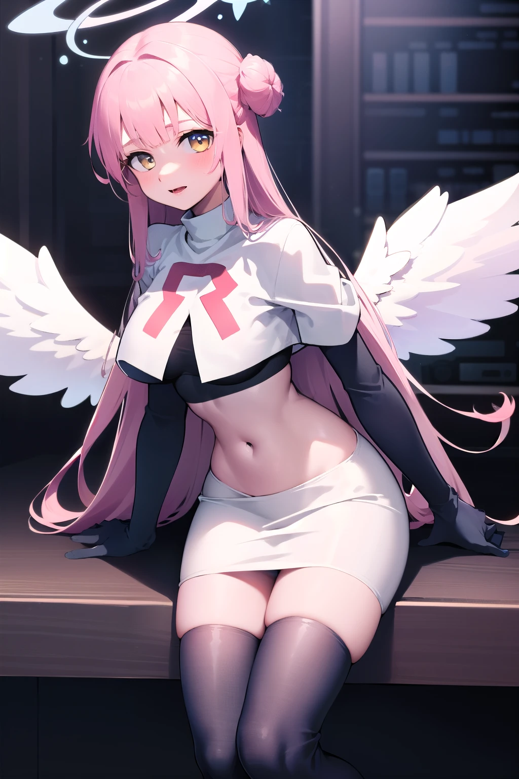 1girl, mika (blue archive), solo, pink hair, wings, halo, long hair,single side bun, hair bun, yellow eyes, hair ornament, low wings, white wings, scrunchie, looking at viewer, hair flower, feathered wings, very long hair, angel wings, bangs, team rocket,team rocket uniform,white skirt,red letter R,crop top,black thigh-highs,black elbow gloves