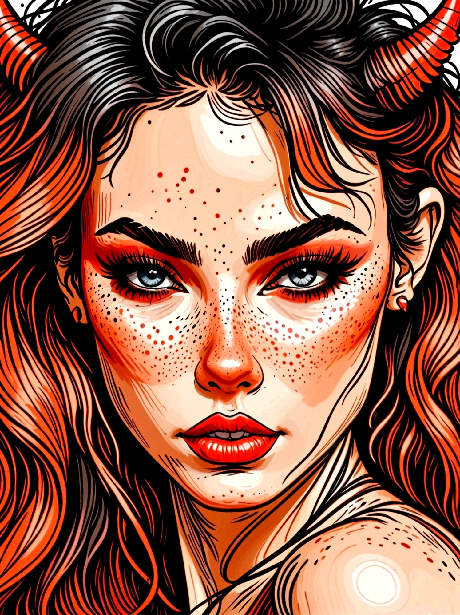 Cartoon hand drawn, Close-up portrait of a succubus，Exquisite eyes，Delicate lips，Extremely detailed face，Sharp eyes，Seductive Succubus，Diabolical traits，horn，Dark Fantasy，Gothic，Fascinating gaze, The color palette is in red, orange and black tones and has a sketchy style, The background should have a simple hand-drawn doodle pattern，8k，Highly detailed，masterpiece, 1shxx1