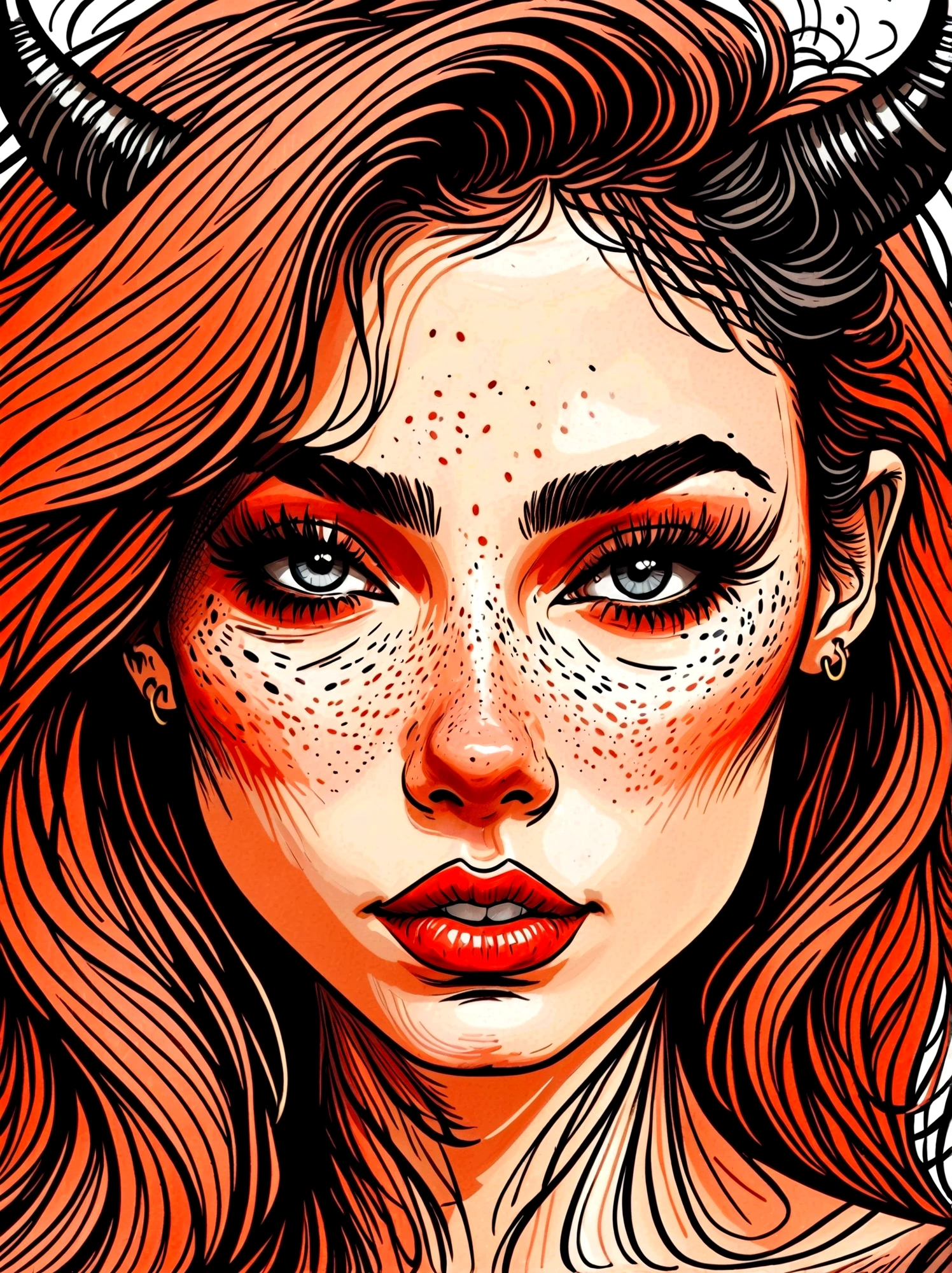 Cartoon hand drawn, Close-up portrait of a succubus，Exquisite eyes，Delicate lips，Extremely detailed face，Sharp eyes，Seductive Succubus，Diabolical traits，horn，Dark Fantasy，Gothic，Fascinating gaze, The color palette is in red, orange and black tones and has a sketchy style, The background should have a simple hand-drawn doodle pattern，8k，Highly detailed，masterpiece, 1shxx1