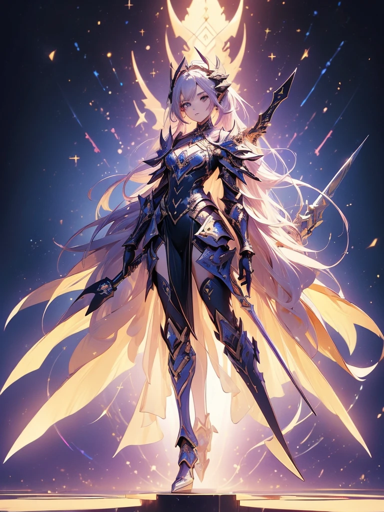 Design a layout showcase Gaming character, (1girl). Golden+Purle clothes, stylish and unique, ((showcase weapon:1.4)), magic staff, (masterpiece:1.2), (best quality), 4k, ultra-detailed, (Step by step design, layout art:1.5), (luminous lighting, atmospheric lighting), magican, ((glove full hands)), (((revealing clothes:1.3))), vambraces, armored legwear, (((full_body_shot:1.4)))