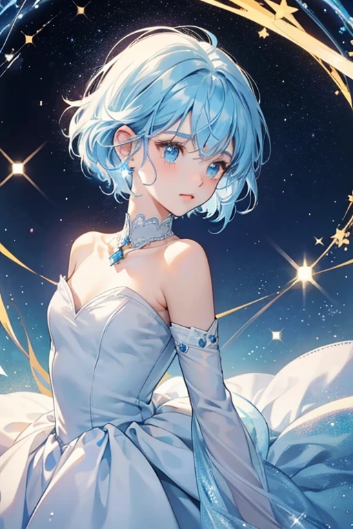 she has a round, white head with a light blue body, white arms, and poofy blue hair. sHe has stars in the shape of the constellation in her hair, ands he is surrounded by a small ring of stars. SPARKLE; GLITTER