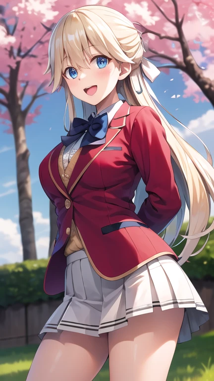 masterpiece, best quality, highres, 1girl, solo, long hair, blonde hair, hair ribbon, bangs, blue eyes, blue bowtie, collared shirt, blazer, red jacket, long sleeves, pleated skirt, white skirt, smile, open mouth, standing, cowboy shot, leaning forward, arms behind back, outdoors, cherry blossoms,