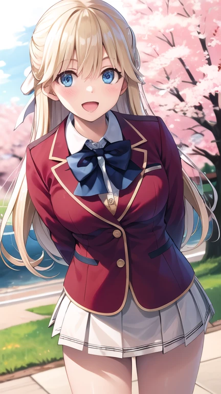 masterpiece, best quality, highres, 1girl, solo, long hair, blonde hair, hair ribbon, bangs, blue eyes, blue bowtie, collared shirt, blazer, red jacket, long sleeves, pleated skirt, white skirt, smile, open mouth, standing, cowboy shot, leaning forward, arms behind back, outdoors, cherry blossoms,