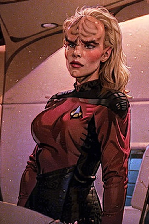 blonde ponytail: Jenna Coleman: Star Trek red uniform: Enterprise Bridge background: Emilie de Ravin: (Emma Rigby), (Klingon head ridges) (Klingon forehead) B'Elanna Torres: