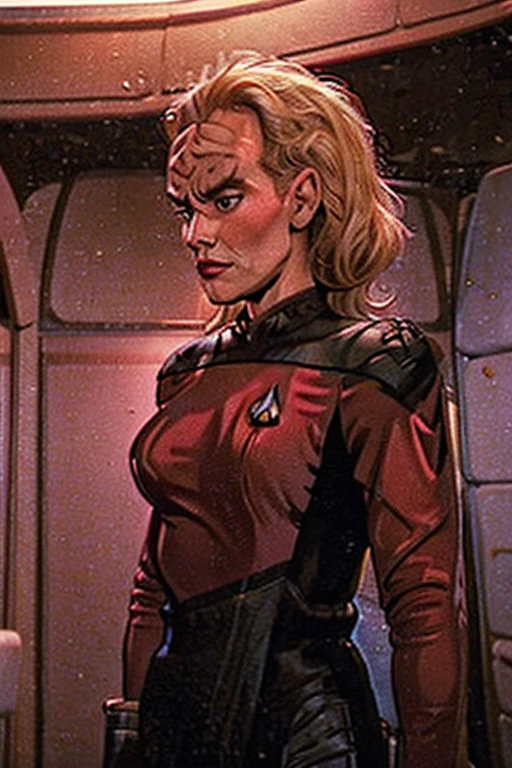 blonde ponytail: Jenna Coleman: Star Trek red uniform: Enterprise Bridge background: Emilie de Ravin: (Emma Rigby), (Klingon head ridges) (Klingon forehead) B'Elanna Torres: