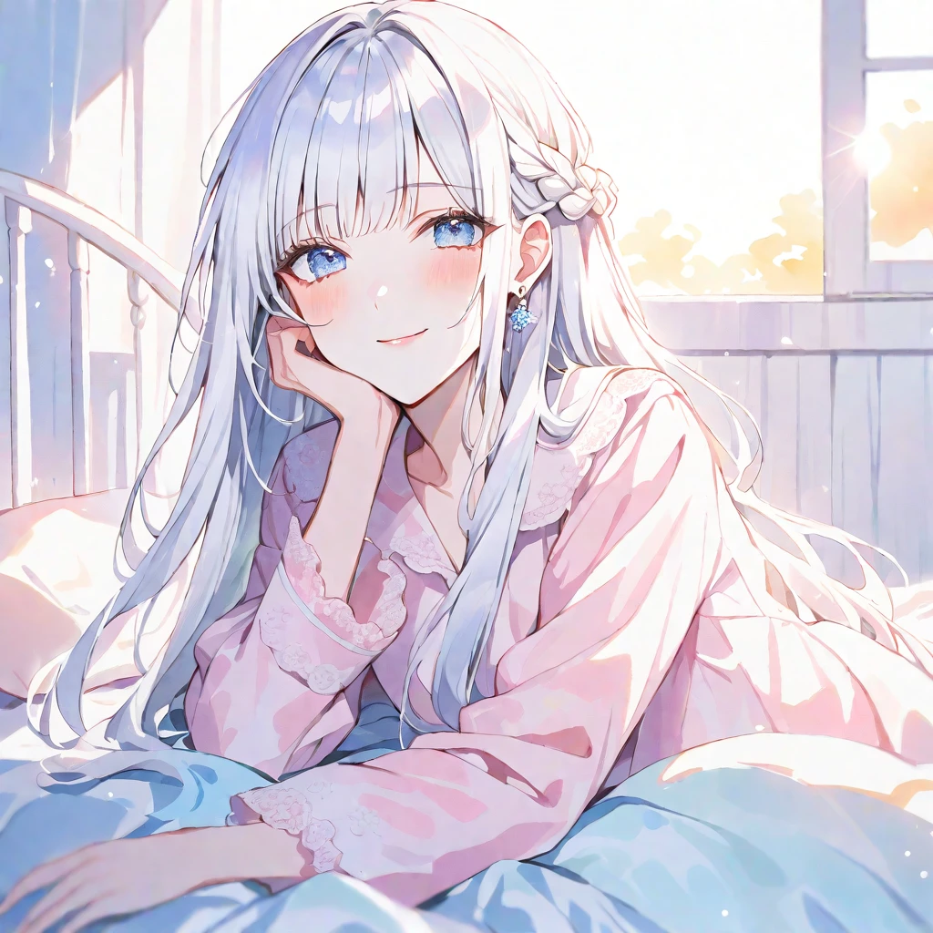 solo, handsome,Watercolor,
1. Female,
Straight Long Hair, Light White hair,Braid,Heavy bangs,
Light blue eyes,Soft look,Lolita,Idiot,Earrings,
morning,sun,bed,pajamas,skin,Smile,