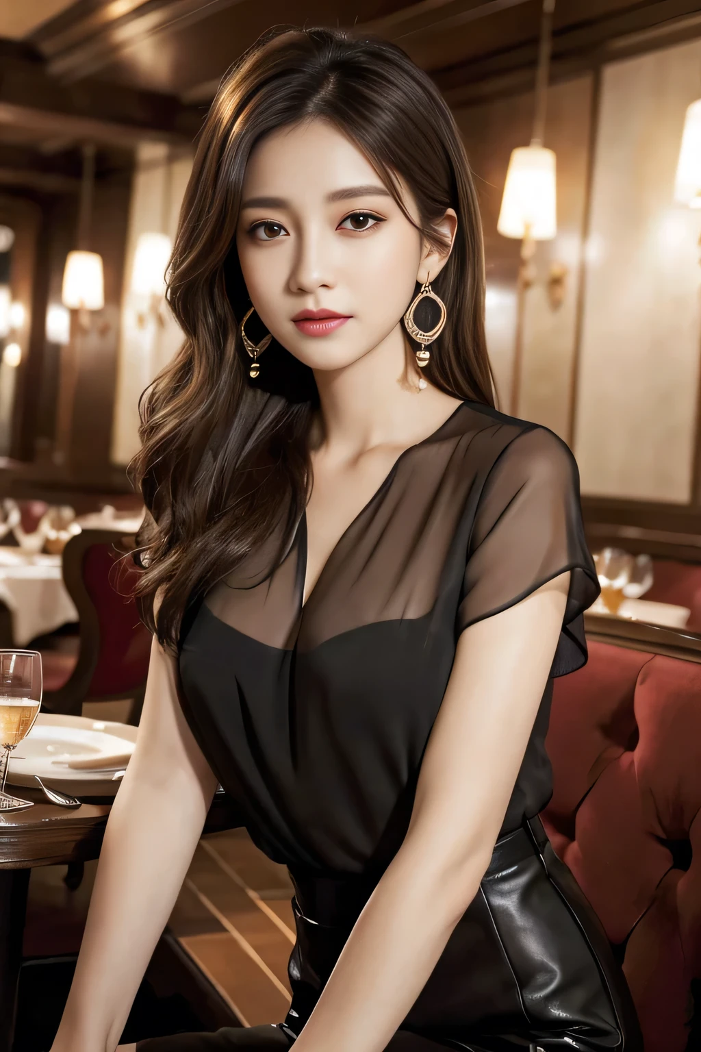 masterpiece, highest quality, Realistic, Very detailed, Finer details, High resolution, 8k wallpaper, One beautiful woman, Wear an elegant chiffon blouse, In a great restaurant, At night, Light brown messy hair, Perfect dynamic composition, Beautiful and beautiful eyes、Big earrings、Sitting in a chair、