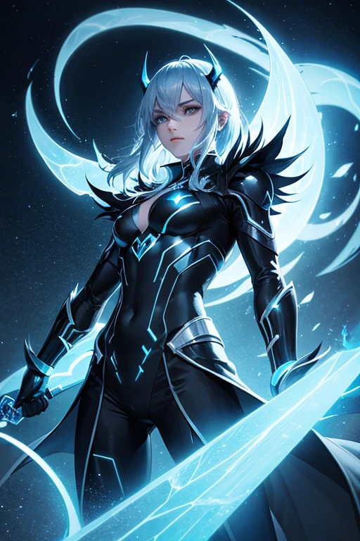 a demon wizard, secret agent in suit, with two daggers with glowing magic carvings, ice-colored reflective suit, energy suit, light blue skin, bluish silver, manga art, horns with glowing magic runes, human face, glowing eyes, RPG fantasy, neon punk, art book, Studio ghibli, deep setting, in the middle of a retro cyber punk magical metropolis, magical light reflected in hair and ear, aura light, dynamic pose, side view, old anime style