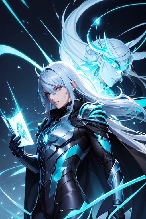 a demon wizard, secret agent in suit, with two daggers with glowing magic carvings, ice-colored reflective suit, energy suit, light blue skin, bluish silver, manga art, horns with glowing magic runes, human face, glowing eyes, RPG fantasy, neon punk, art book, Studio ghibli, deep setting, in the middle of a retro cyber punk magical metropolis, magical light reflected in hair and ear, aura light, dynamic pose, side view, old anime style