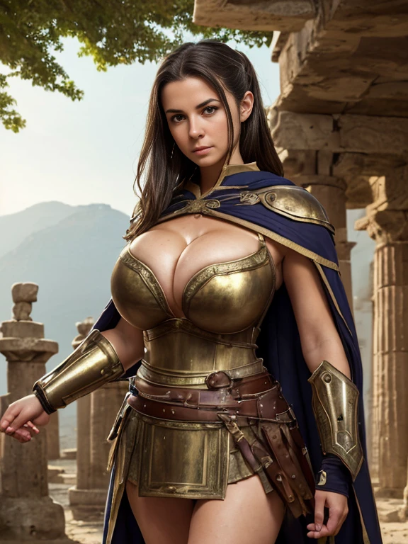 (masterpiece, top quality, best quality, official art, beautiful and aesthetic:1.2), (1girl:1.3), dark brown hair in a huge ponytail, extremely detailed, portrait, looking at viewer, solo, (full body:0.6), detailed background, close up, (warm summer Mediterranean theme:1.1), Athena, charlatan, mysterious, walking in forest, revealing bronze gladiator armor, Greek robes, goddess, toga, robe, spear and shield, metal, light brown leather, cloak, bracers, armor, gauntlets, sandals, buckles, straps, see-through white fabric, ((((gigantic breasts, cleavage, skindentation)))), slim waist, slim hips, long legs, ancient (Parthenon exterior:1.1) background, dark mysterious lighting, shadows, magical atmosphere, dutch angle,
