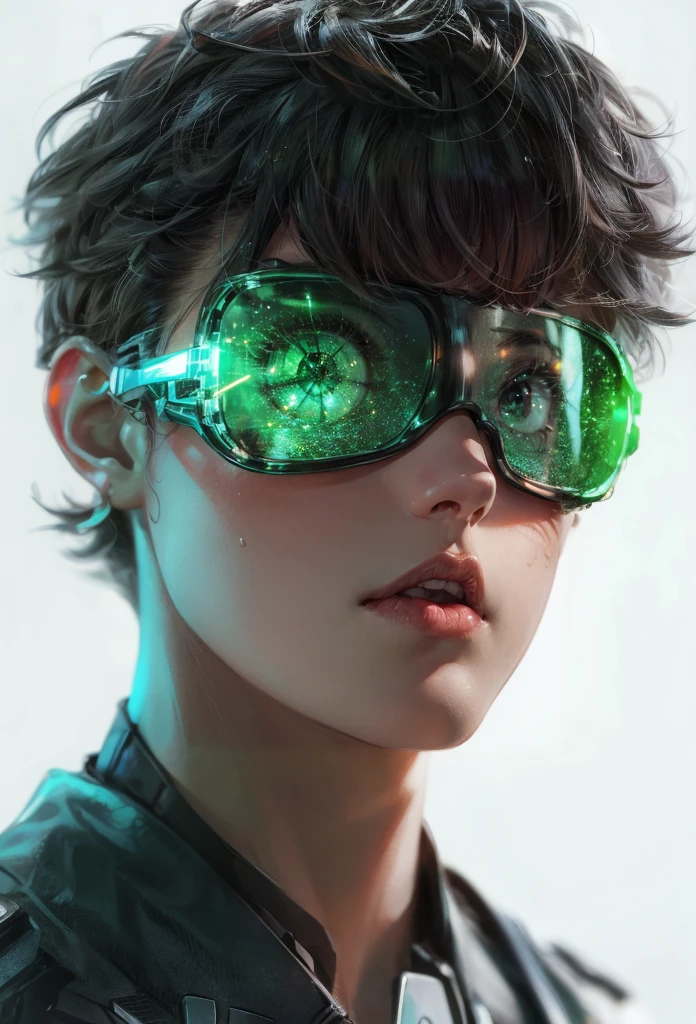 a futuristic guy with wraparound glasses, anime style, white background, yellow colors, detailed face, detailed eyes, detailed nose, detailed lips, 1 person, beautiful detailed character, photorealistic, 8k, high quality, ultra detailed, cinematic lighting, vibrant colors, dynamic pose, sci-fi, digital art