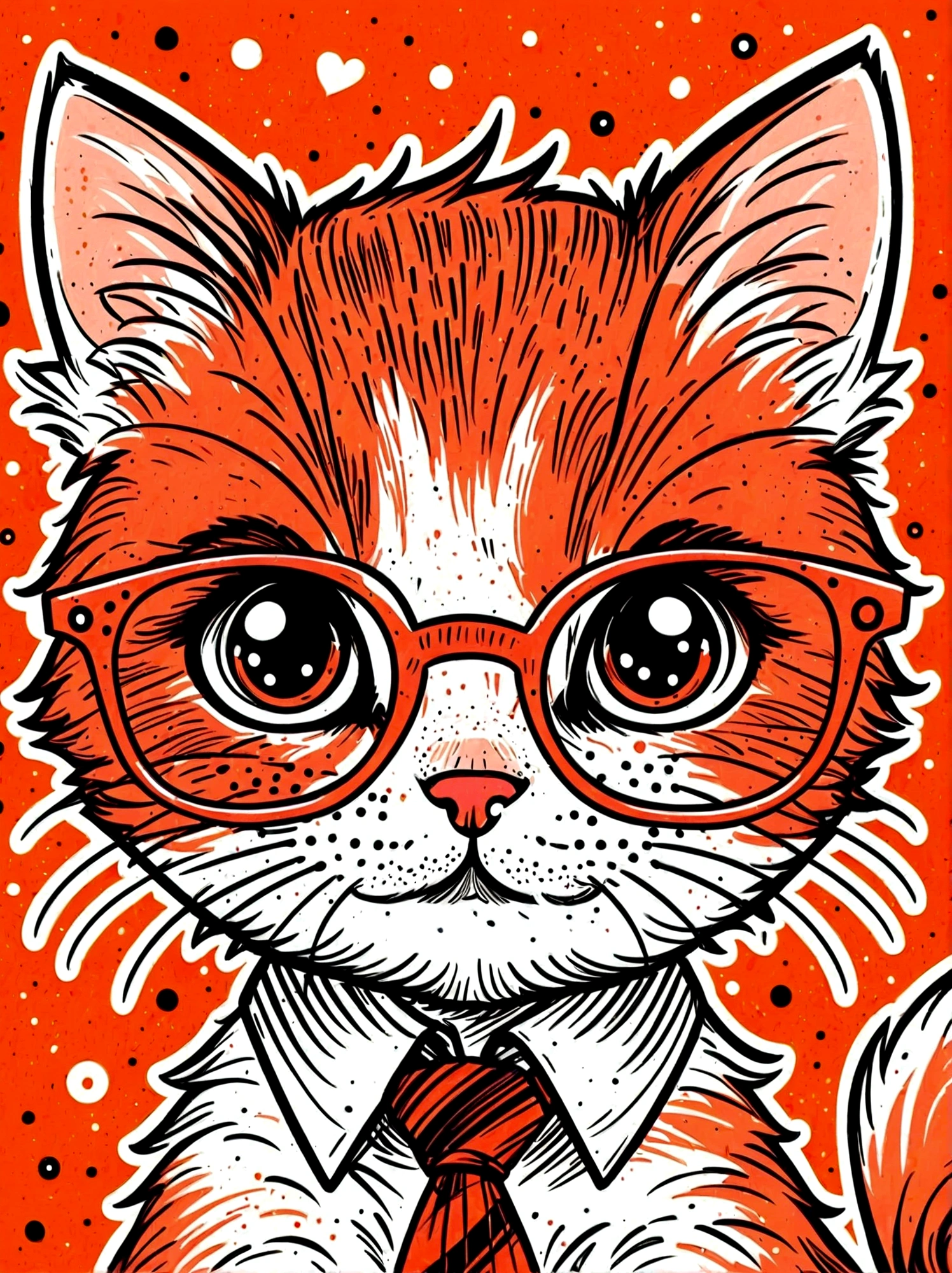 (masterpiece, best quality:1.2), Cartoon hand drawn, kitten, solo, wear glasses, cry，sad，tie，White shirt, The color palette is in red, orange and black tones and has a sketchy style, The background should have a simple hand-drawn doodle pattern, 1shxx1