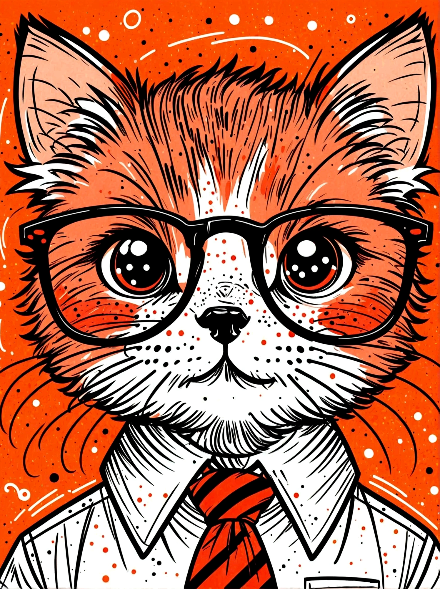 (masterpiece, best quality:1.2), Cartoon hand drawn, kitten, solo, wear glasses, cry,sad,tie,White shirt, The color palette is in red, orange and black tones and has a sketchy style, The background should have a simple hand-drawn doodle pattern, 1shxx1