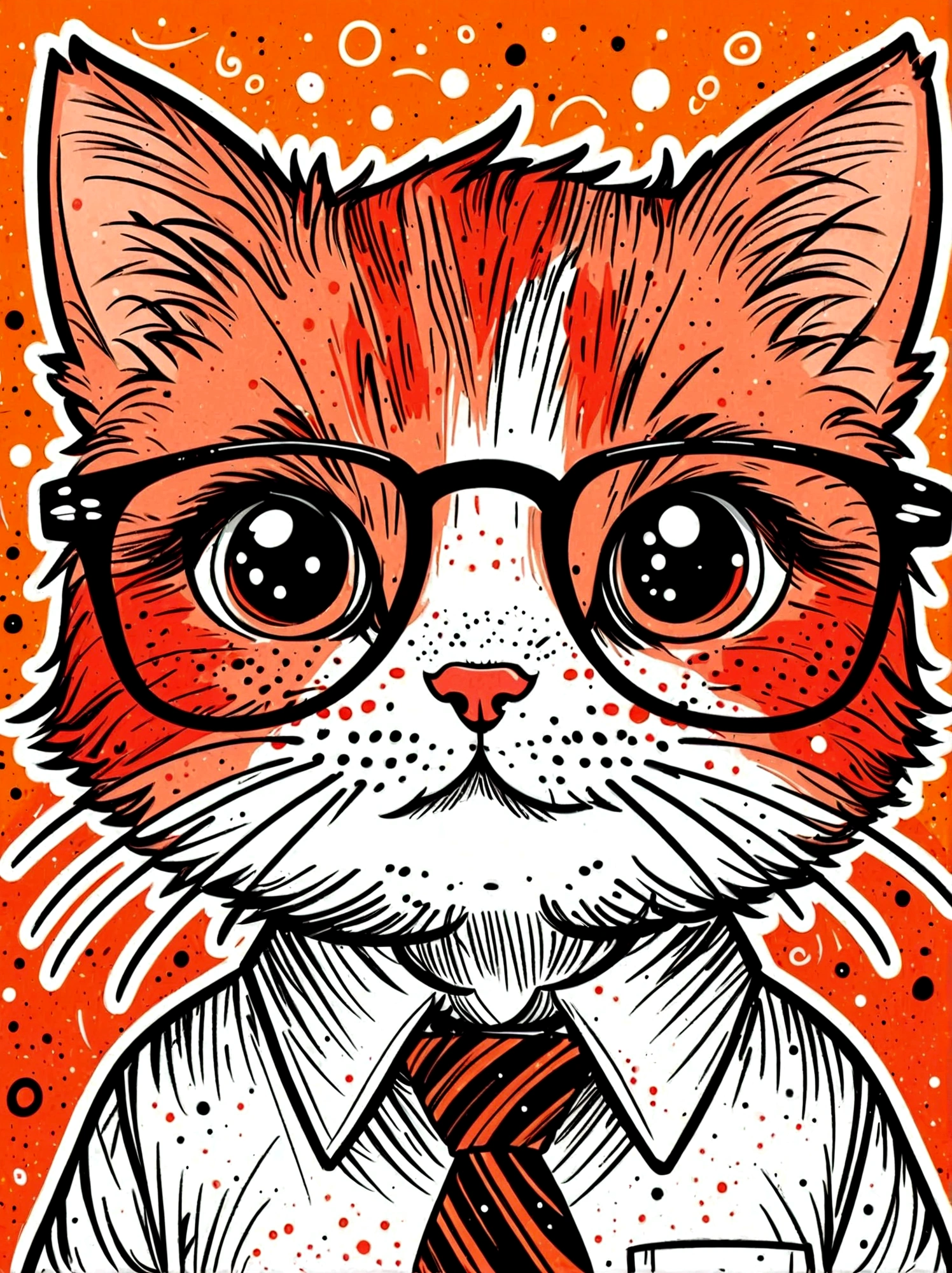 (masterpiece, best quality:1.2), Cartoon hand drawn, kitten, solo, wear glasses, cry，sad，tie，White shirt, The color palette is in red, orange and black tones and has a sketchy style, The background should have a simple hand-drawn doodle pattern, 1shxx1