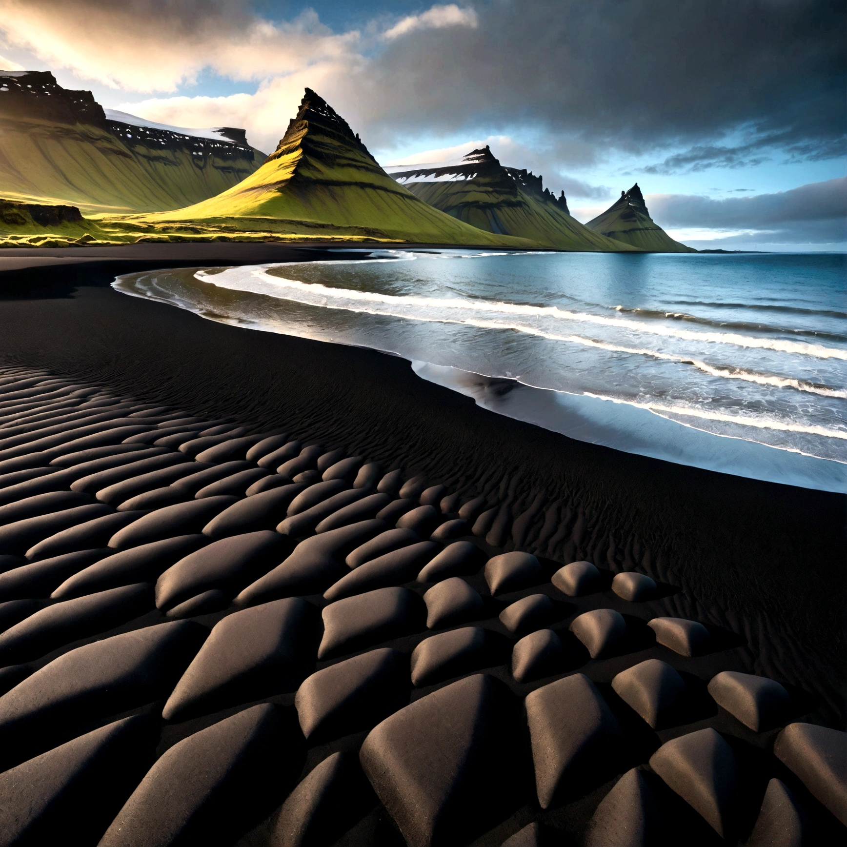 arafed mountain in the distance with a beach and a body of water, black sand, beautiful dark beach landscape, by Harald Giersing, iceland, lpoty, iceland photography, iceland landscape photography, breath taking, max rive, by Johannes Voss, iceland landscape, by Arik Brauer, epic and stunning, breathtaking composition, mountains and ocean