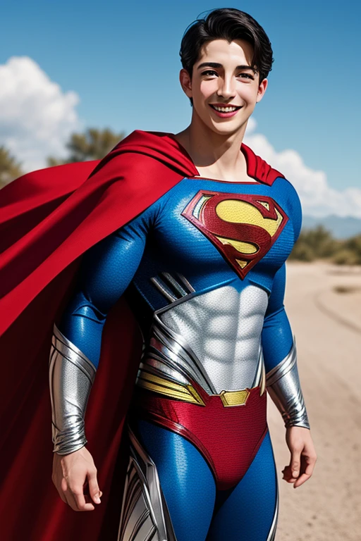 Half body shot head to toe photorealistic handsome Hunky young Milo Manheim as Superman wearing white and Silver. silver cape. smiling,,camera focus face front..