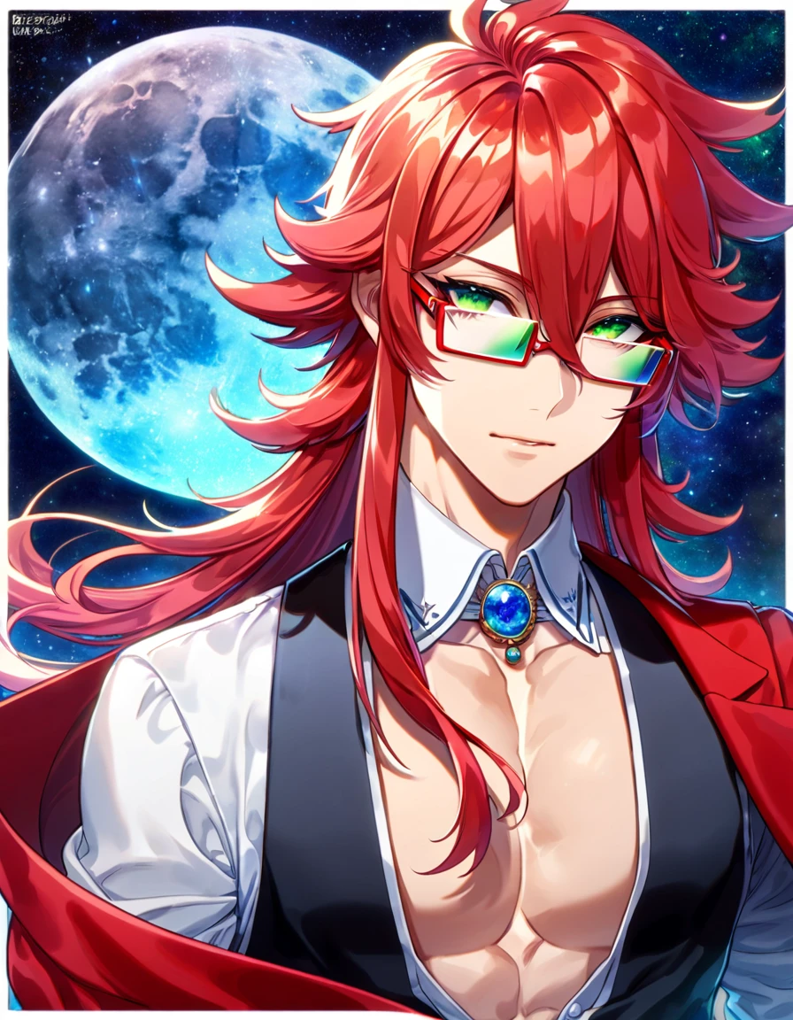 absurdres, highres, ultra detailed, HDR, master piece, best quality, Grell Sutcliff, red long hair, hair between the eyes, expressive green eyes, rectangle glasses with red frames, kuroshitsuji, solo, sexy man, handsome, toned chest, red coat, white shirt, black vest, blue moon, starry, blue fireflies, blue flowers, magical, fantasy