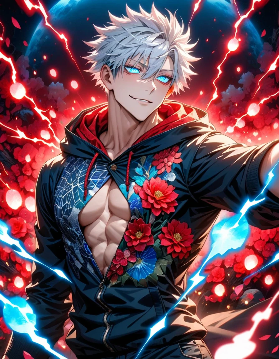 Ultra detailed, Highres, absurdres, HDR, Gojo Satoru, white short hair with bangs, expressive blue eyes, white eyelashes, hair between the eyes, Jujutsu Kaisen, black clothes with patterns with a hoodie, sexy man, solo, red flowers, shining fireflies, handsome, petals, shining red lights, shining red moon, toned chest, extremely detailed eyes and face, master piece, magic, fantasy, red lightning, handsome smirk
