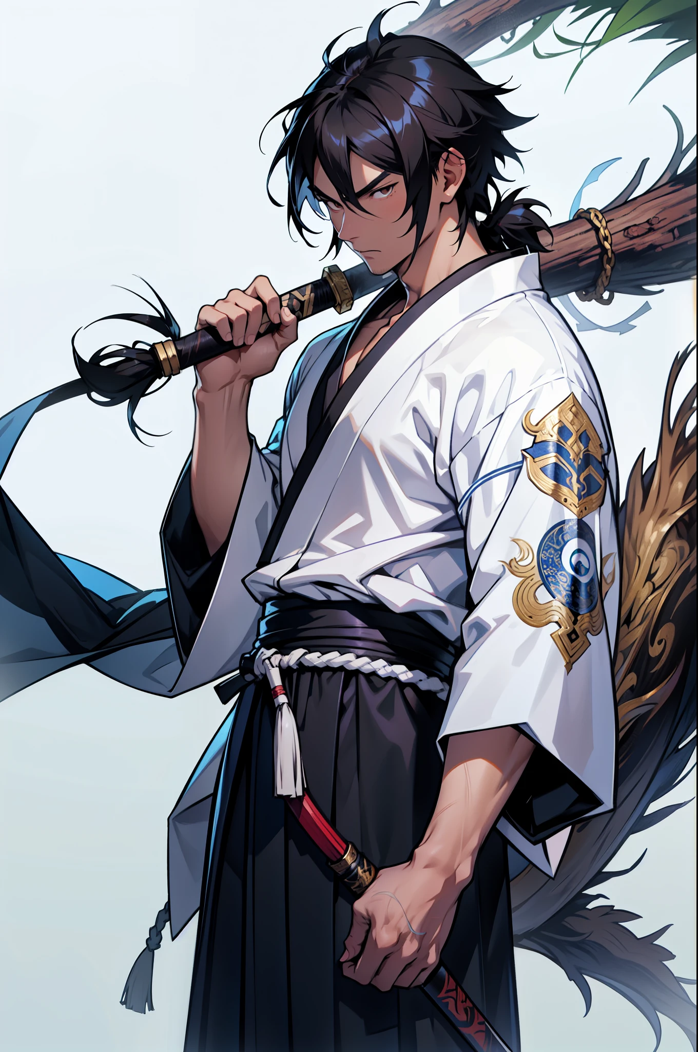best quality (katana: 1.4), serious,(at night: 1.4), a single 18-year-old has long black hair that is loose to the winds, and poured down his body, smooth and shiny, which fall gently to his back. Her hair is thick and has a healthy appearance, contrasting with her fair skin. The young man's eyes are deep and emerald green, intense as two light pearls. They reflect calm and an inquisitive curiosity. With his upright posture, the child shows a confident bearing and a cheerful and hyperactive aura. She wears a white kimono with azuuis-greenish details with patterned gray clouds, with a large yellow ribbon at her waist, sleeveless, made of a quality fabric. giving him the look of a swordsman. It has a golden lion tamarin on its shoulder. At his waist, he carries a white katana with gray details on the blade. The long, sharp blade is made of polished steel, reflecting light. The katana grip is wrapped in black leather, offering a firm and secure grip. The scabbard of the sword adorned with demonic symbols. Kimetsu no Yaiba style, alone, 1boy, muscular man, demon slayer style, loose hair, quiet look, smiling, tall, confident, only 1, spilled hair, loose and big hair