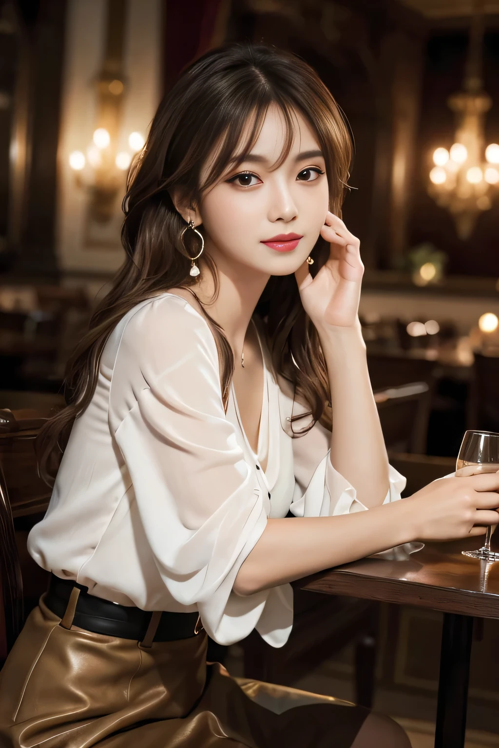 Beautiful Japanese waifu, early 30s, brunette hair, formal white dress, holding a cup of champagne 