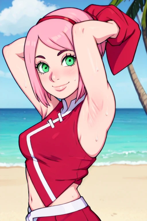 masterpiece, best quality, looking at viewer, upper body, portrait, looking at viewer, seductive smile, put your hands behind your head, armpits, armpits visible, sweaty armpits, haruna sakura, very small breasts, short pink hair, green eyes,wearing red outfit, red bandana, beach backround, adult, 50 years old