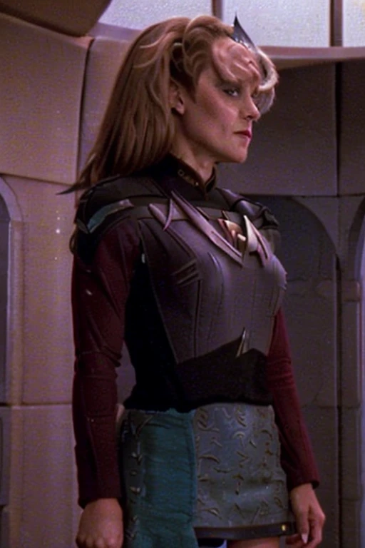 short skirt: blonde ponytail: Jenna Coleman: Star Trek red uniform: Enterprise Bridge background: Emilie de Ravin: (Emma Rigby), (Klingon head ridges) (Klingon forehead) B'Elanna Torres: crop top: