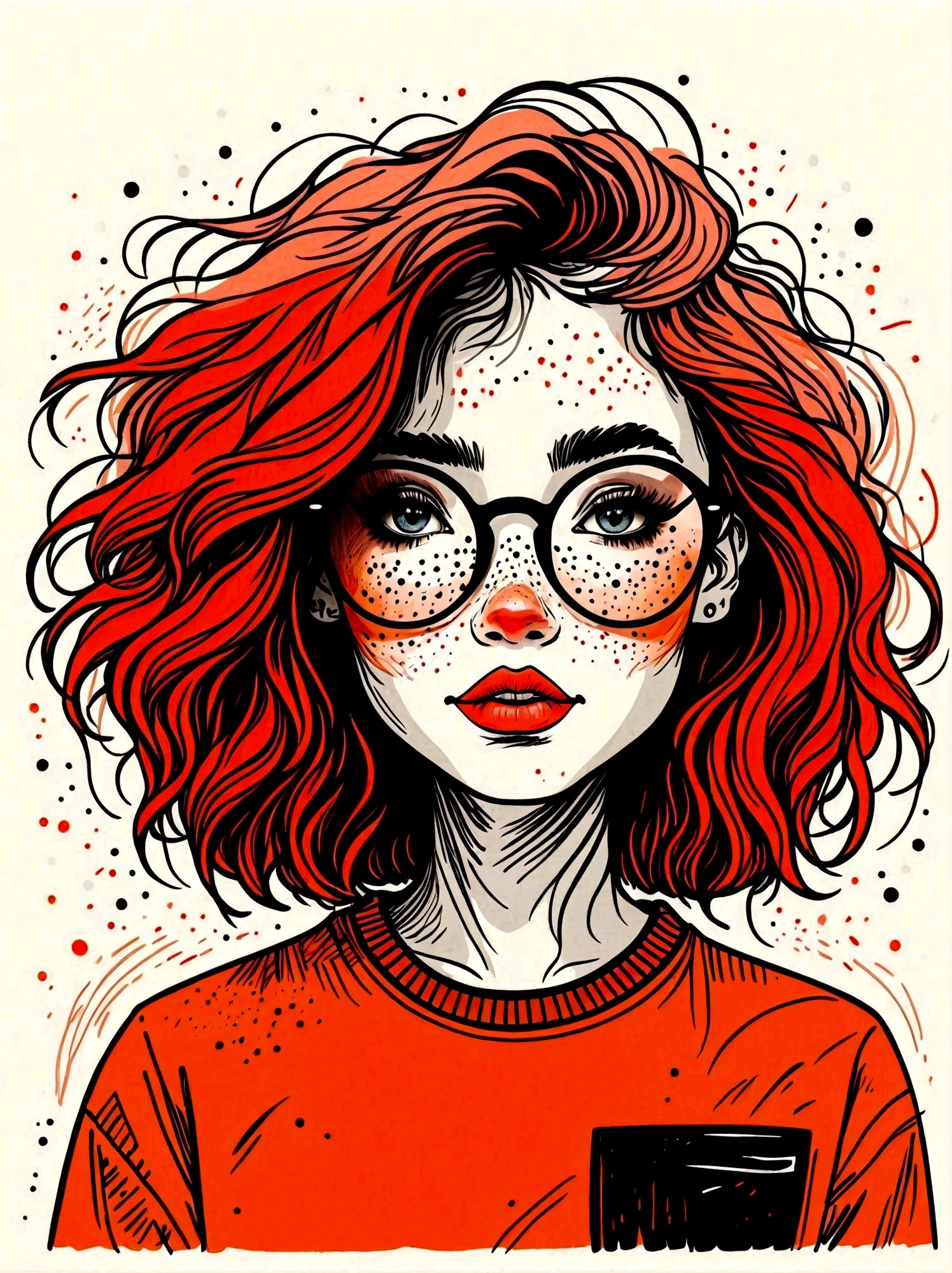(masterpiece, best quality:1.2), Cartoon hand drawn, 1girl, solo, wear glasses, Rouge, messy hair, The color palette is in red, orange and black tones and has a sketchy style. The background should have a simple hand-drawn doodle pattern