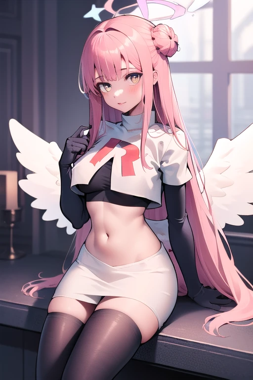 1girl, mika (blue archive), solo, pink hair, wings, halo, long hair,single side bun, hair bun, yellow eyes, hair ornament, low wings, white wings, scrunchie, looking at viewer, hair flower, feathered wings, very long hair, angel wings, bangs, team rocket,team rocket uniform,white skirt,red letter R,crop top,black thigh-highs,black elbow gloves