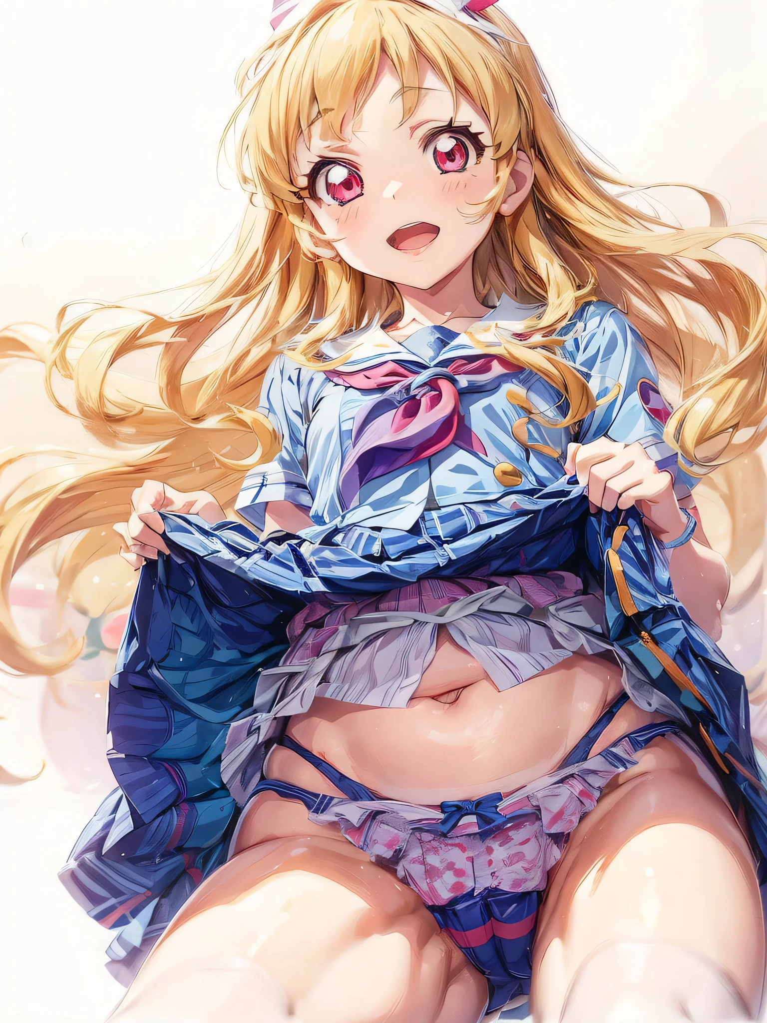 this anime babe is flaunting her curvy body in a school girl outfit, 1girl, underwear, skirt, electric fan, striped panties, solo, panties, souryuu asuka langley, striped, , blue eyes, thighhighs, long hair, white thighhighs, clothes lift, skirt lift, serafuku, lifted by self, pleated skirt, neckerchief, short sleeves, blush, bow, open mouth, sailor collar, blue skirt,,Ichigo Hoshimiya (Aikatsu!)