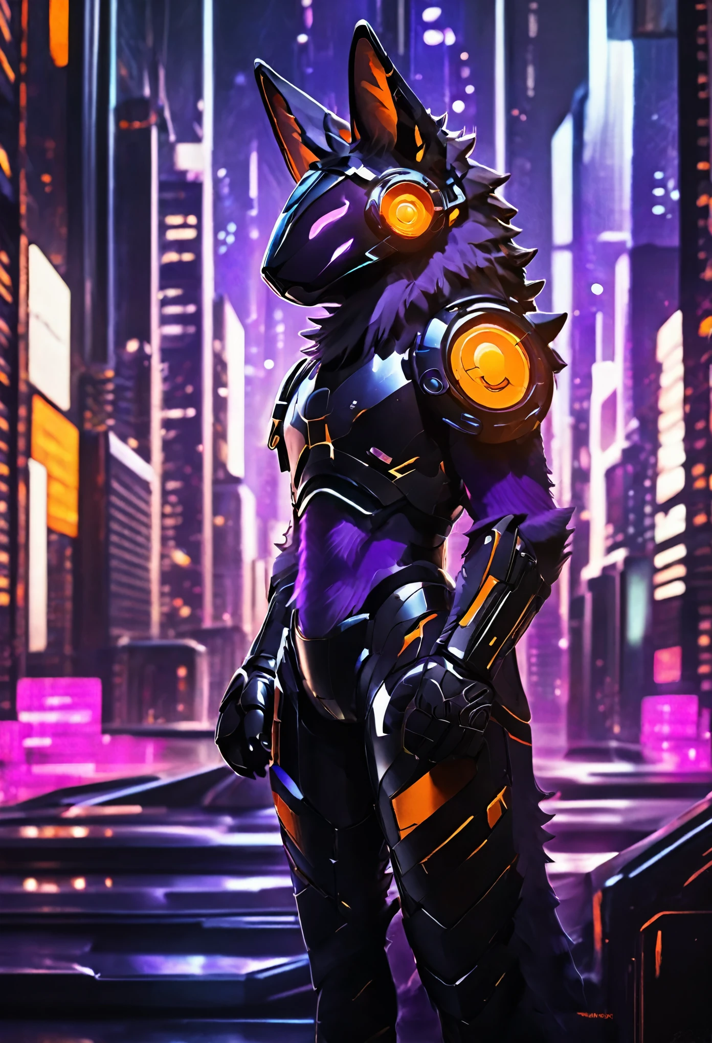 male character, protogen, furry, orange fur, advanced technology, chrome light armor, protogen modern black armor, looking at the landscape, future city, effeminate, dynamic lighting, purple neon, purple lights