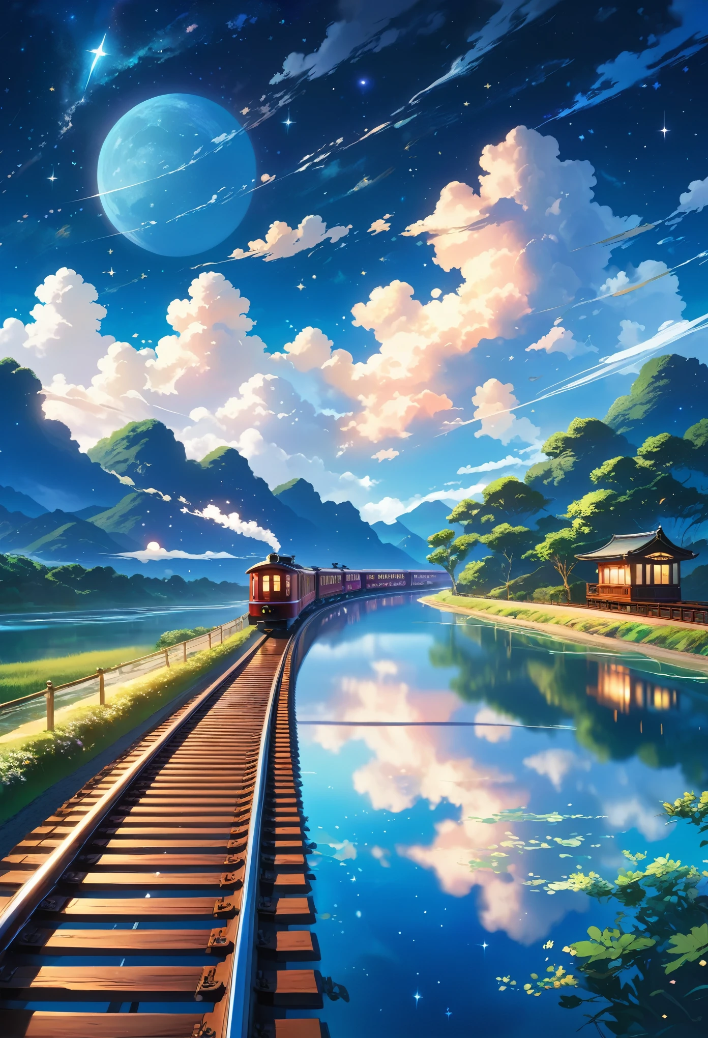 High-quality masterpiece, landscape, cloud, Cartoon train passing a body of water on the tracks in the distance, Bright starry sky. tourists, Romantic Lighting, pixiv, concept art, Lofy art style, reflection. Xin Haicheng, Trophy Art, Beautiful anime scene, Anime Landscape, Detailed Landscape — Width 672, Xin Haicheng's style, Xin Haicheng's style, Enhance Details.  