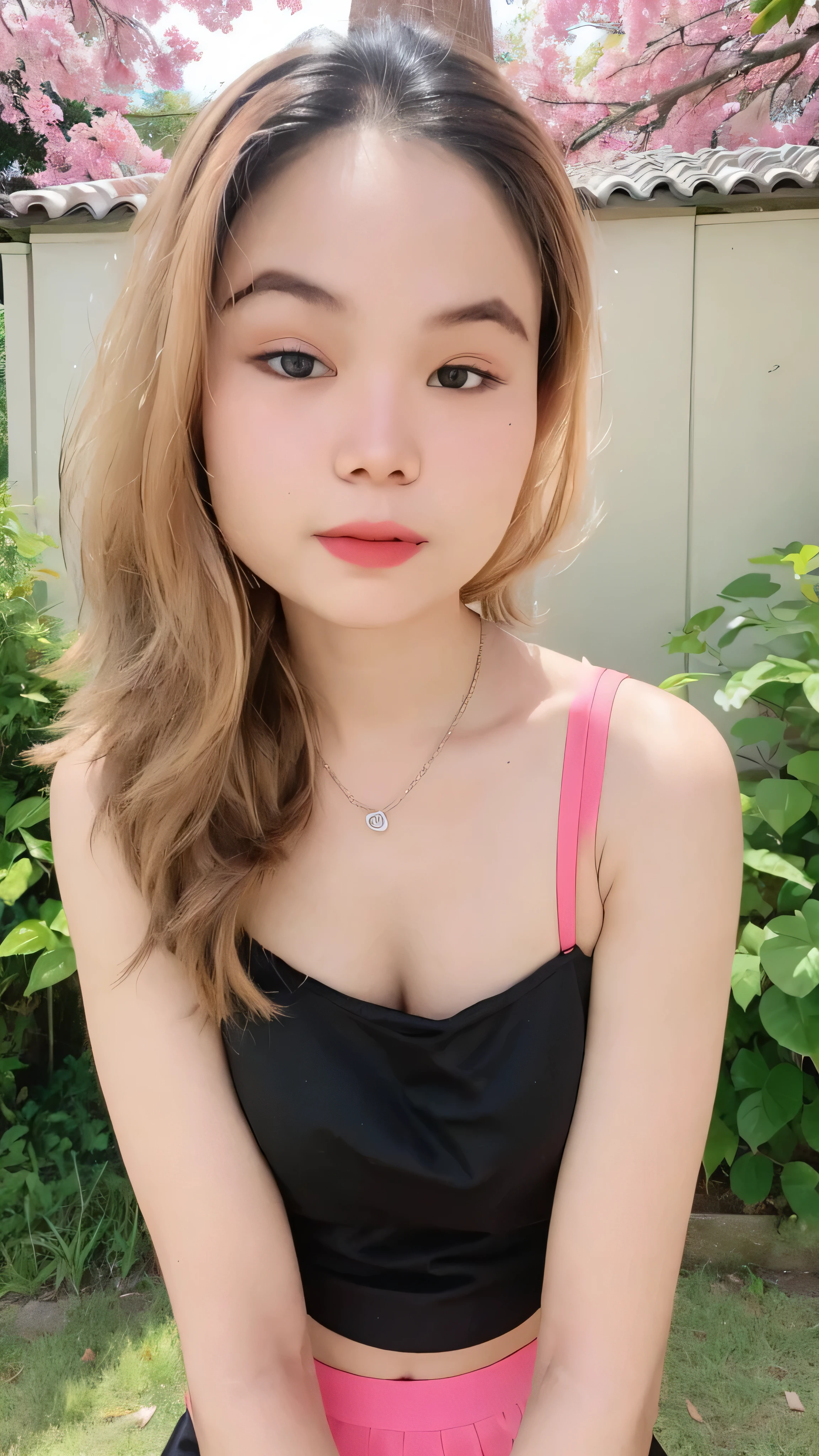 (super highest quality:1.3) (very realistic, Photoreal:1.3), (sharp focus:1.3), (Realistic and very high quality:1.3). (high resolution/High resolution:1.3), very delicate and beautiful, soft light, (brown hair, Shoulder-length straight bob hair sways in the wind), beautiful detailed girl, highly detailed eyes and face, beautifully detailed nose, thin and beautiful eyes, 1 girl, Japanese, Pure beauty, cute, young, (smaller and flat chest), realistic face, realistic body, beautiful thigh, pink camisole top, black mini skirt, full body shot, cherry blossom background