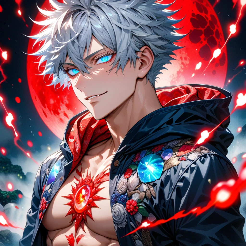 Ultra detailed, Highres, absurdres, HDR, Gojo Satoru, white short hair with bangs, expressive blue eyes, white eyelashes, hair between the eyes, Jujutsu Kaisen, black clothes with patterns with a hoodie, sexy man, solo, red flowers, shining fireflies, handsome, petals, shining red lights, shining red moon, toned chest, extremely detailed eyes and face, master piece, magic, fantasy, red lightning, handsome smirk