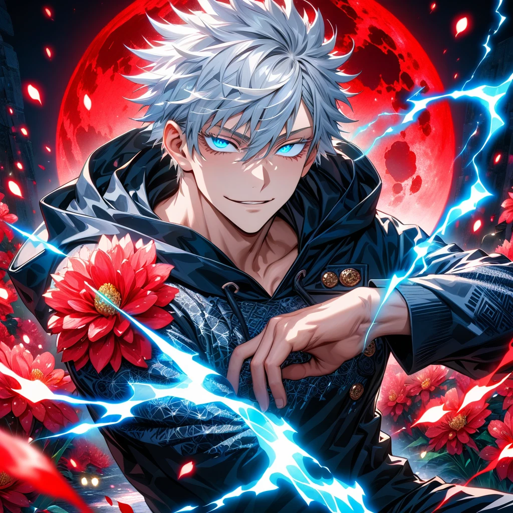 Ultra detailed, Highres, absurdres, HDR, Gojo Satoru, white short hair with bangs, expressive blue eyes, white eyelashes, hair between the eyes, Jujutsu Kaisen, black clothes with patterns with a hoodie, sexy man, solo, red flowers, shining fireflies, handsome, petals, shining red lights, shining red moon, toned chest, extremely detailed eyes and face, master piece, magic, fantasy, red lightning, handsome smirk
