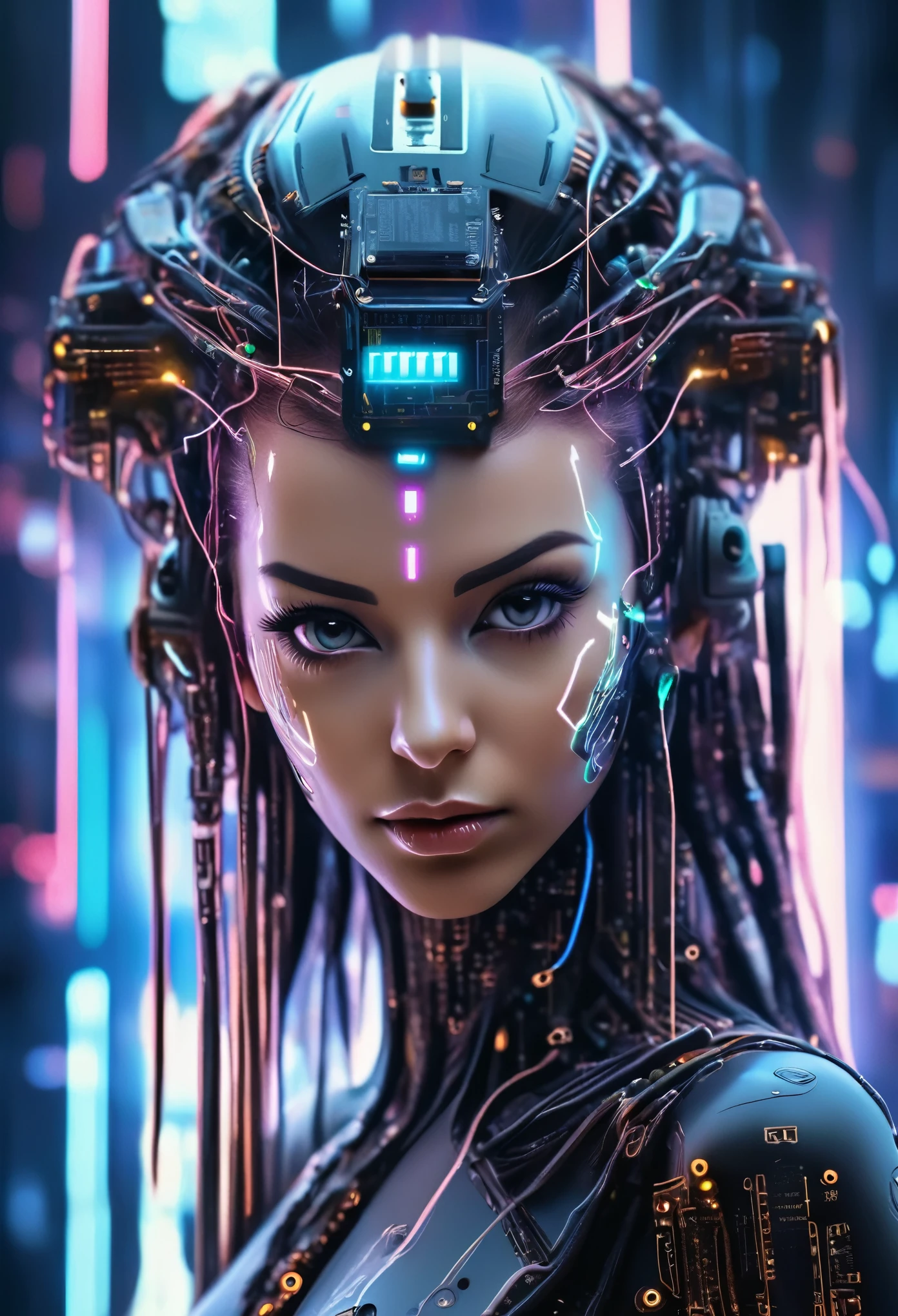 a woman with a futuristic headdress and a futuristic face, harmoniously integrated with computer chip and electrical wires, spaceship controls background, cyberpunk style