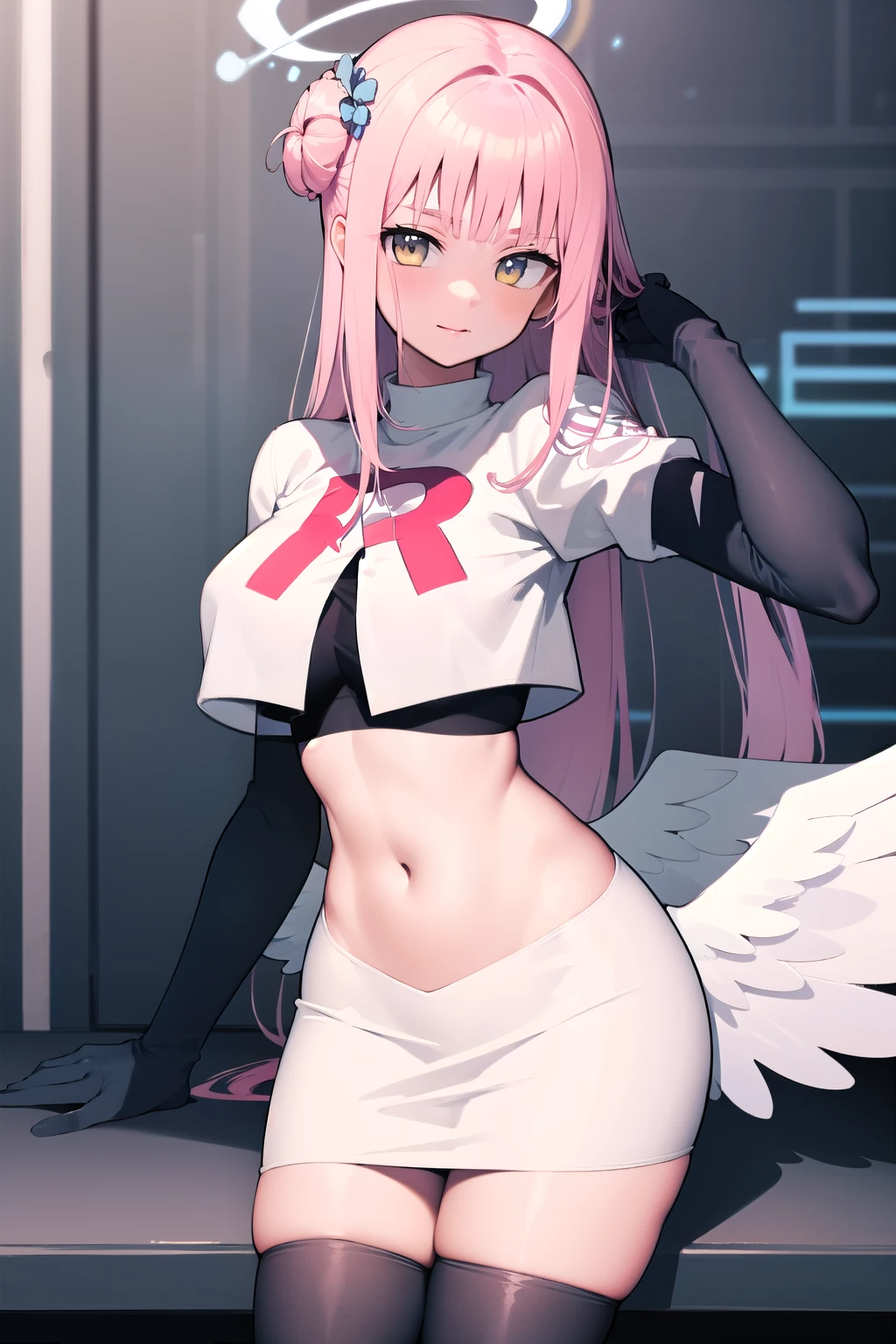 1girl, mika (blue archive), solo, pink hair, wings, halo, long hair,single side bun, hair bun, yellow eyes, hair ornament,  low wings, white wings, scrunchie, looking at viewer, hair flower, feathered wings, very long hair, angel wings, bangs,  team rocket,team rocket uniform,white skirt,red letter R,crop top,black thigh-highs,black elbow gloves