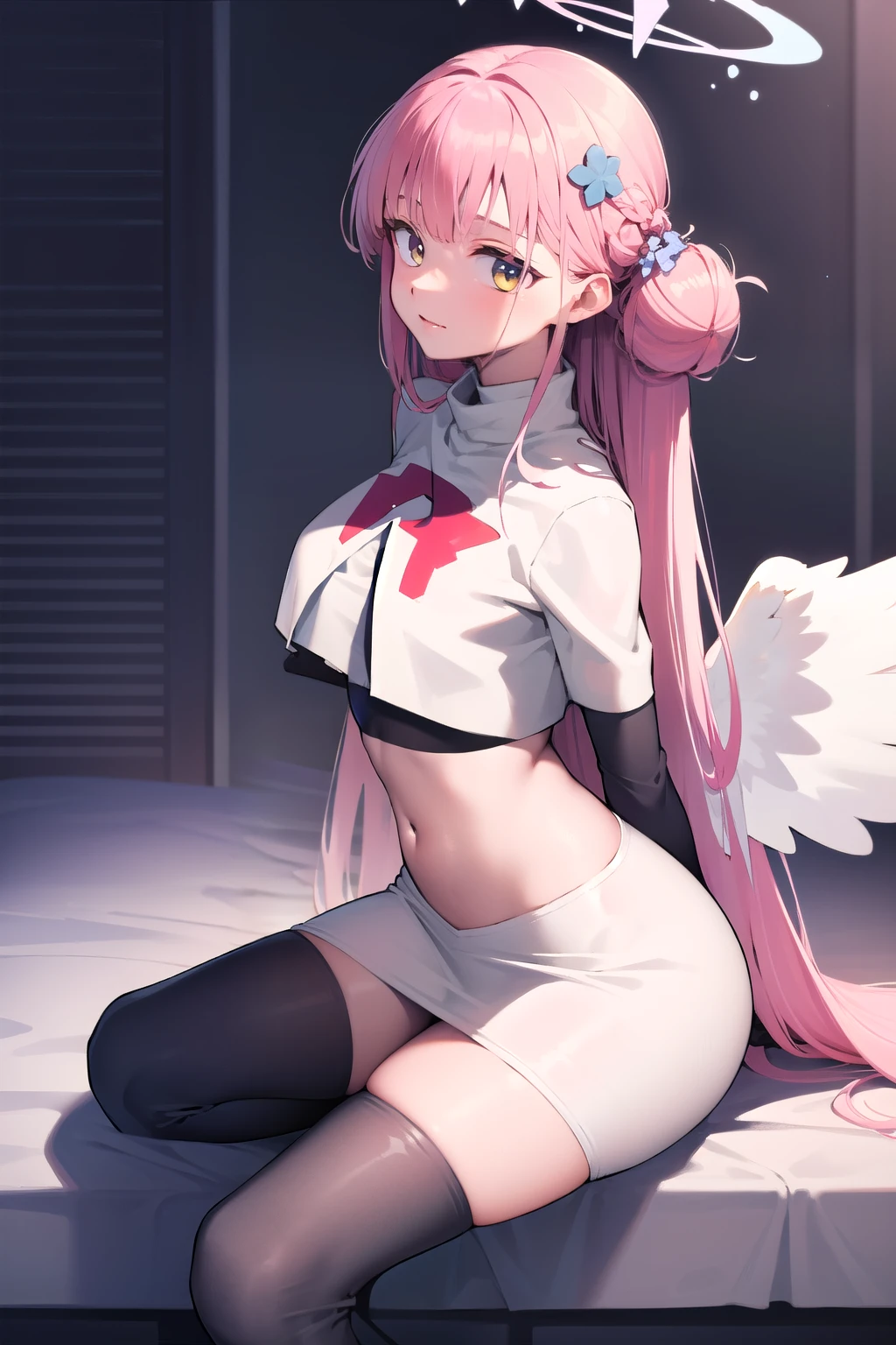 1girl, mika (blue archive), solo, pink hair, wings, halo, long hair,single side bun, hair bun, yellow eyes, hair ornament,  low wings, white wings, scrunchie, looking at viewer, hair flower, feathered wings, very long hair, angel wings, bangs,  team rocket,team rocket uniform,white skirt,red letter R,crop top,black thigh-highs,black elbow gloves