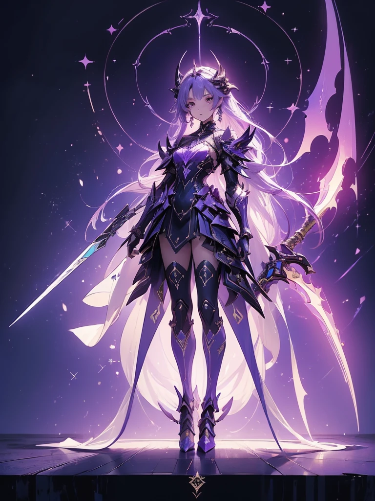 Design a layout showcase Gaming character, (1girl). 
Golden|Purple clothes, stylish and unique. 
((showcase weapon:1.4)), magic staff. 
(masterpiece:1.2), (best quality), 4k, ultra-detailed. 
(Step by step design, layout art:1.5), (luminous lighting, atmospheric lighting). 
magican, ((glove full hands)), (((revealing clothes:1.3))), vambraces, armored legwear, (((full_body_shot:1.4))). 
{In a mystical forest|On a magical battlefield}.
