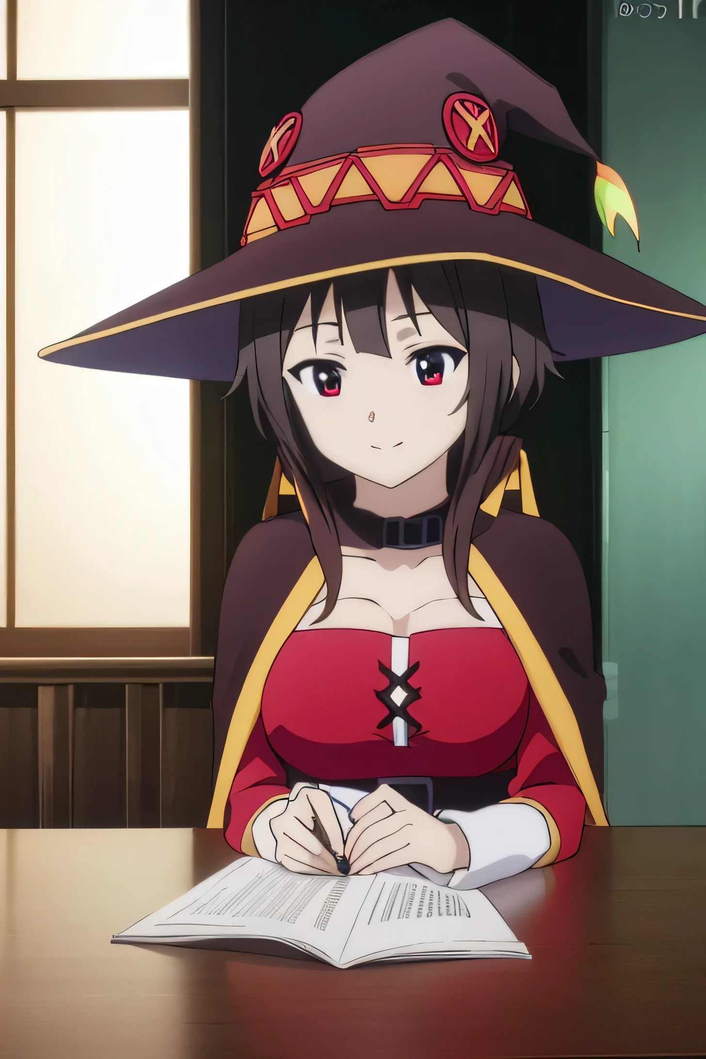 Masterpiece, best quality, ultra-detailed, extremely-detailed, anime girl , megumin, short hair, dress, red dress, hat, witch hat, belt, add_detail:1, add_detail:0, add_detail:0.5, lift skirt, pinch skirt, 😀, , best quality, high resolution, unity 8k wallpaper, (illustration:0.8), (, extremely detailed face, perfect lighting, extremely detailed CG, (perfect hands, perfect anatomy), mejor calidad, high resolution, fondo de pantalla de unidad 8k, (ILLUSTRATION:0.8), (), cara extremadamente detallada, perfect lighting, CG extremadamente detallado, (manos perfectas, perfect anatomy),bare shoulders, lingerie ,cape,asymmetrical legwear, leaning forward, smile, masterpiece, best quality, very aesthetic, absurdres, newest, leaning forward, eyes red, dynamic pose,dynamic angle,masterpiece,best quality,ultra detailed,very aesthetic, absurdres, newest, ai-generated,,(HDR), (8k), (32k), (masterpiece:1.1), (Best quality), (Ultra detailed eyes), huge breasts