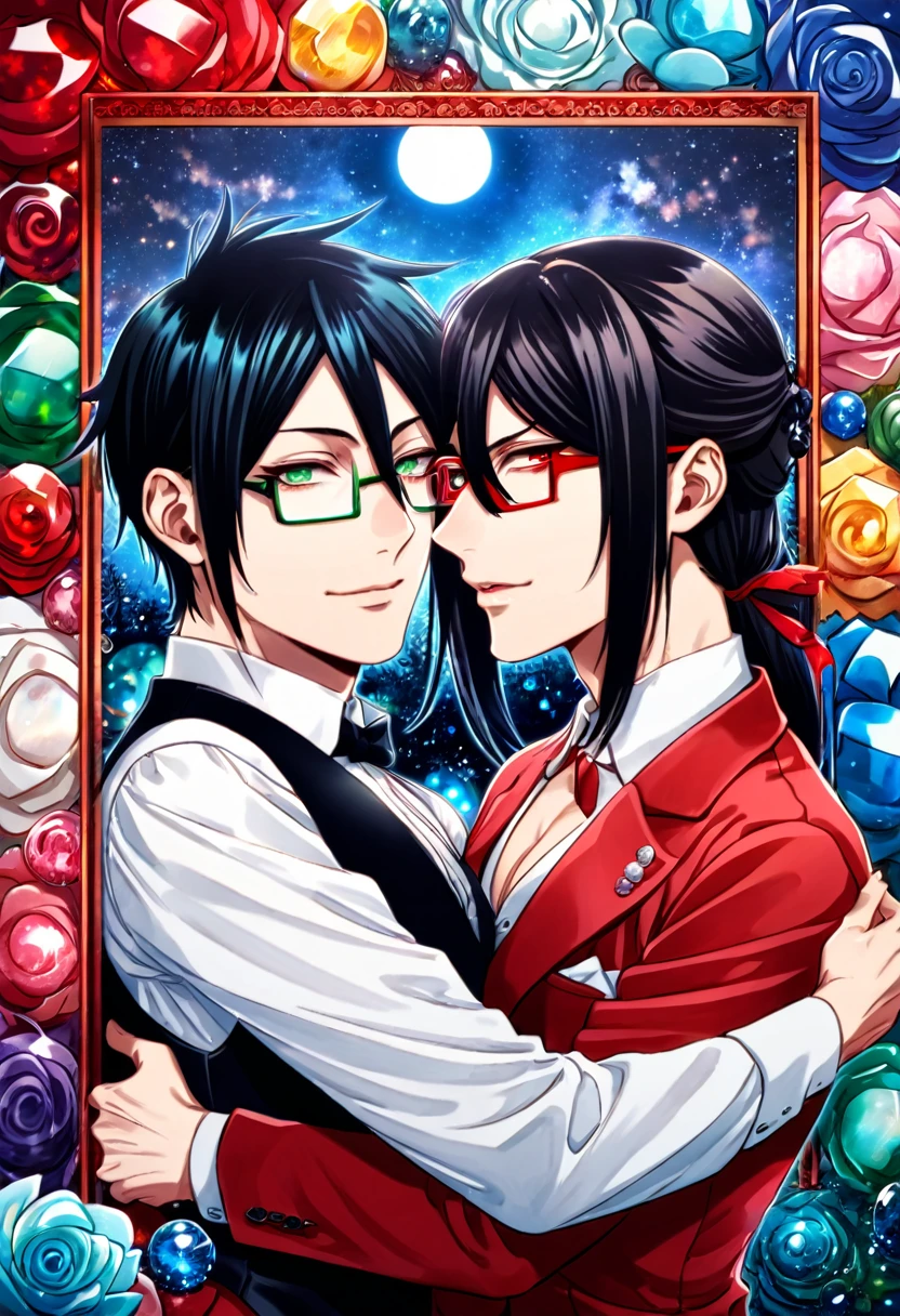 absurdres, highres, ultra detailed, HDR, master piece, best quality, Grell Sutcliff, red long hair, hair between the eyes, expressive green eyes, rectangle glasses with red frames, kuroshitsuji, Sebastian Michaelis, black hair, expressive red eyes, two sexy men together, yaoi, gay couple, handsome, toned chest, red coat, white shirt, black vest, blue moon, starry, blue fireflies, blue flowers, magical, fantasy
