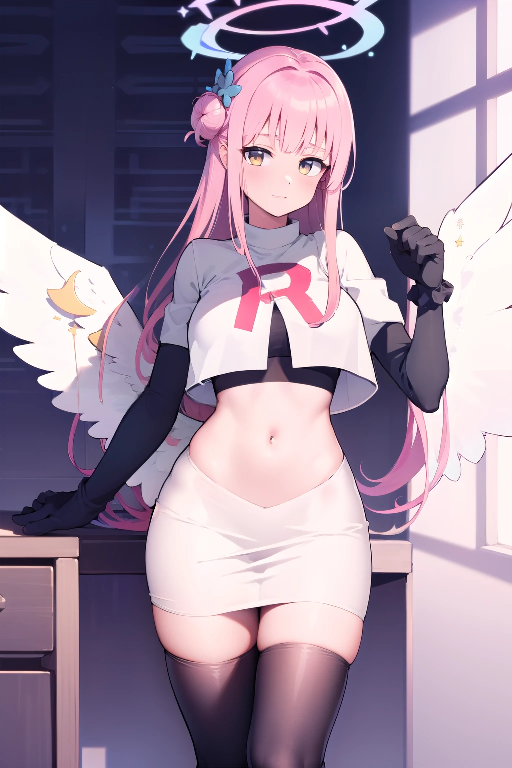 1girl, mika (blue archive), solo, pink hair, wings, halo, long hair,single side bun, hair bun, yellow eyes, hair ornament,  low wings, white wings, scrunchie, looking at viewer, hair flower, feathered wings, very long hair, angel wings, bangs,  team rocket,team rocket uniform,white skirt,red letter R,crop top,black thigh-highs,black elbow gloves