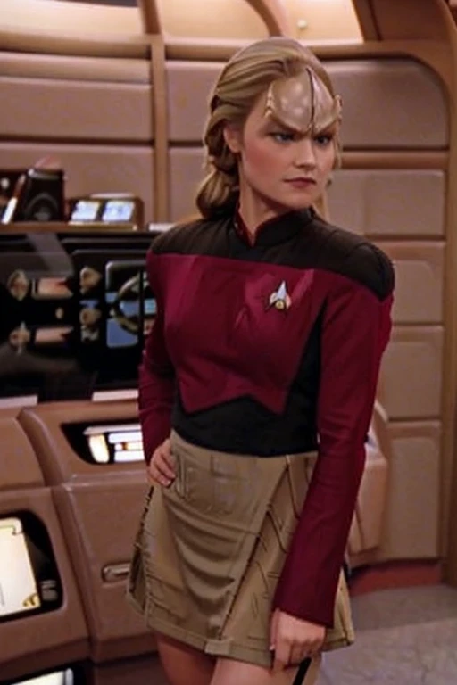 short skirt: blonde ponytail: Jenna Coleman: Star Trek red uniform: Enterprise Bridge background: Emilie de Ravin: (Emma Rigby), (Klingon head ridges) (Klingon forehead) B'Elanna Torres: crop top: sexy: