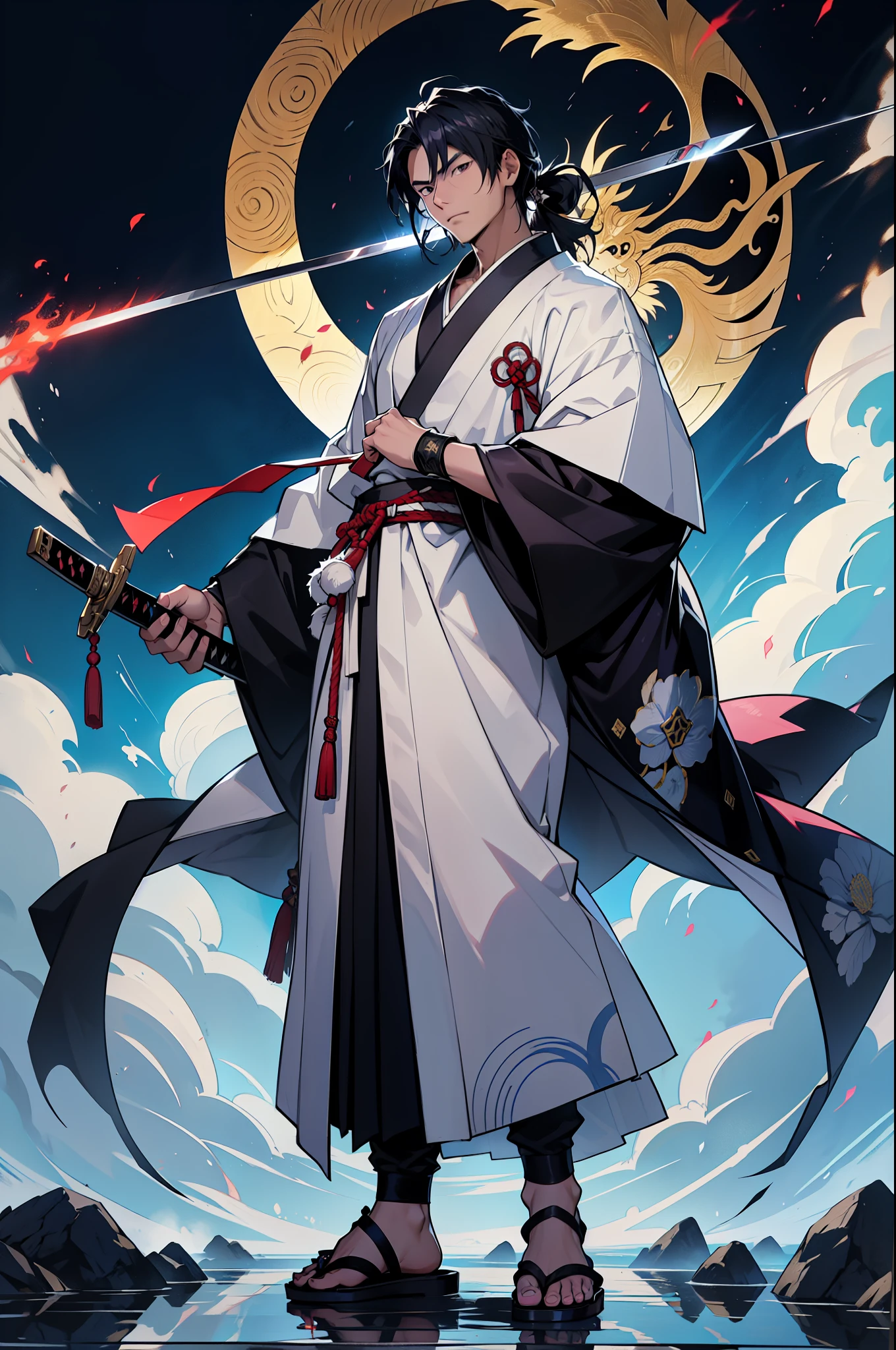 Create a full-body fantasy illustration of Daisuke Tanaka, the Relic Hunter wielding the Yata no Kagami. He stands slender yet athletic, wearing a combination of traditional Japanese attire and modern outfits, including a dark kimono in black or navy with silver dragon and mystical patterns. His outfit is complemented by a silk obi and traditional sandals. He carries the Yata no Kagami, a sacred mirror, hanging from a chain around his neck or kept in a special case at his side, and wields a ceremonial katana with a polished blade and a hilt decorated with protective symbols. Surround him with a bright, pure aura with a silver glow to highlight his dominion over truth and justice and his connection with the sacred artifact.
