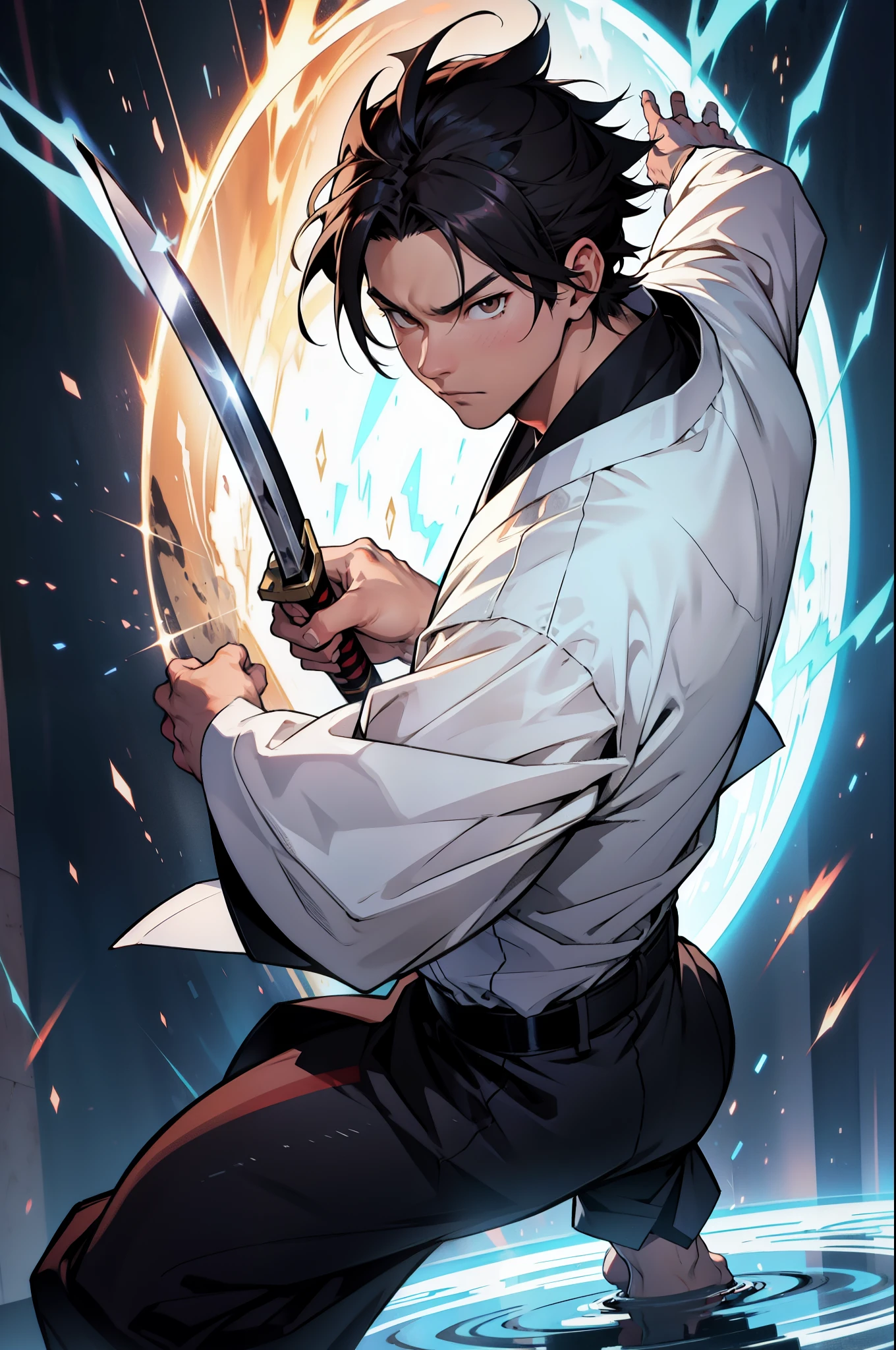 Illustrate Daisuke Tanaka in an action pose, wielding the Yata no Kagami. He is in the midst of using the sacred mirror, with his dark kimono moving dynamically. His deep brown eyes are focused and intense, and his long, straight, jet-black hair moves with him. He wields his ceremonial katana with precision. Surround him with a dynamic bright, pure aura with a silver glow to showcase his connection with the Yata no Kagami and his powerful presence in battle.