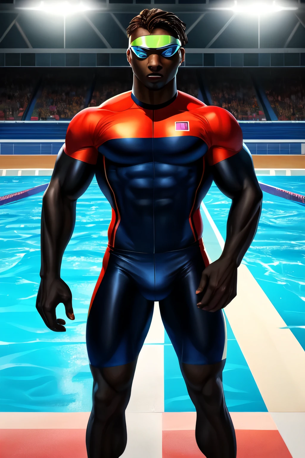 Full body photo,(((purple skin))) Thanos wearing an Olympic swimming suit, a swimming cap and (((swimming goggles)))