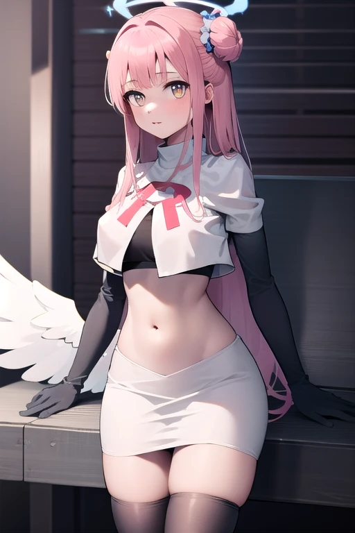 1girl, mika (blue archive), solo, pink hair, wings, halo, long hair,single side bun, hair bun, yellow eyes, hair ornament, low wings, white wings, scrunchie, looking at viewer, hair flower, feathered wings, very long hair, angel wings, bangs, team rocket,team rocket uniform,white skirt,red letter R,crop top,black thigh-highs,black elbow gloves